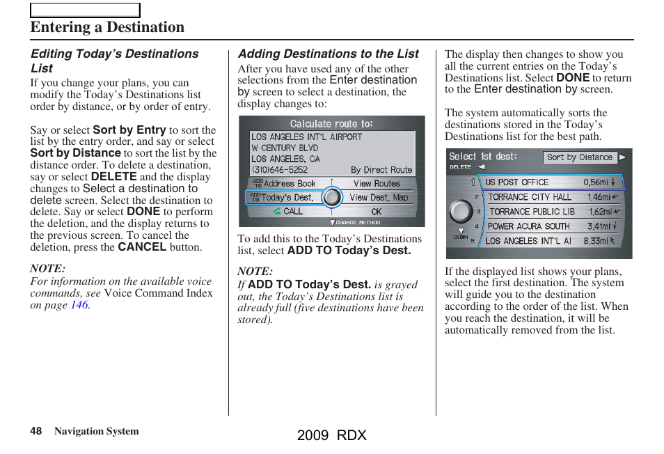 Entering a destination, 2009 rdx | Acura 2009 RDX Navigation User Manual | Page 48 / 163