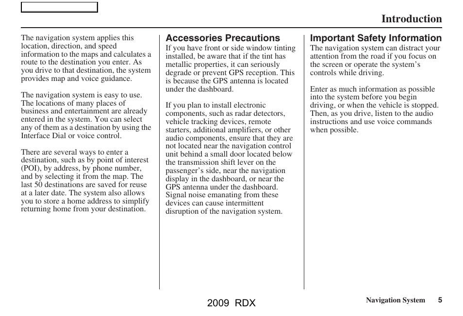 Introduction | Acura 2009 RDX Navigation User Manual | Page 5 / 163