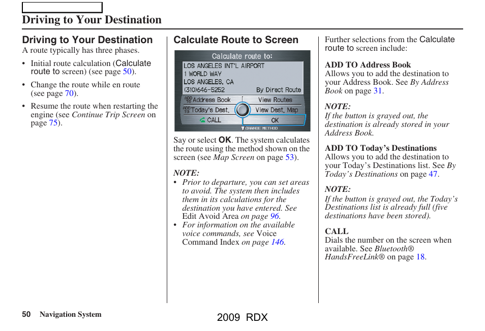 Driving to your destination, 2009 rdx | Acura 2009 RDX Navigation User Manual | Page 50 / 163