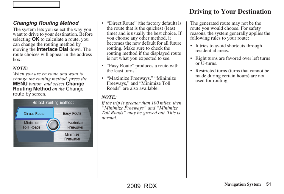 Driving to your destination, 2009 rdx | Acura 2009 RDX Navigation User Manual | Page 51 / 163