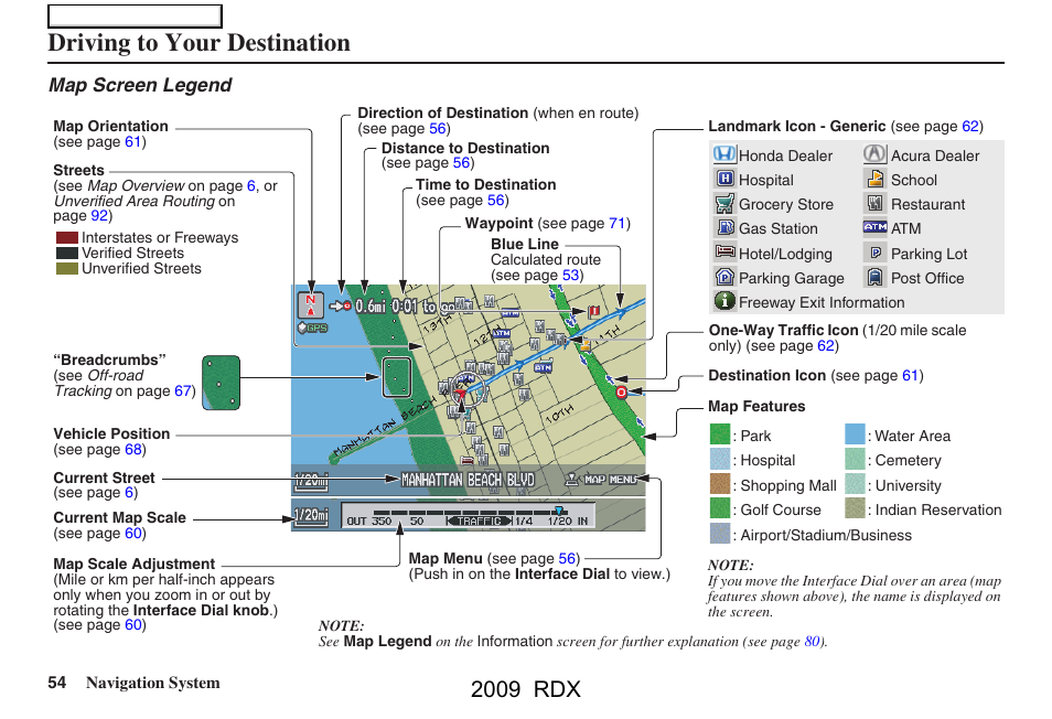 Driving to your destination, 2009 rdx, Map screen legend | Acura 2009 RDX Navigation User Manual | Page 54 / 163