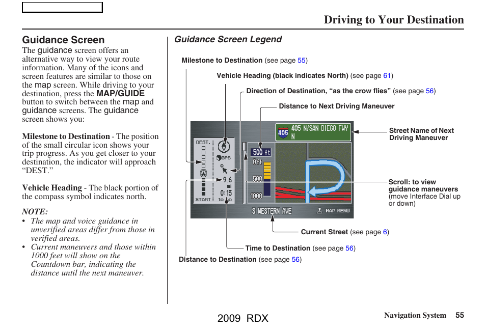 Driving to your destination, 2009 rdx, Guidance screen | Acura 2009 RDX Navigation User Manual | Page 55 / 163