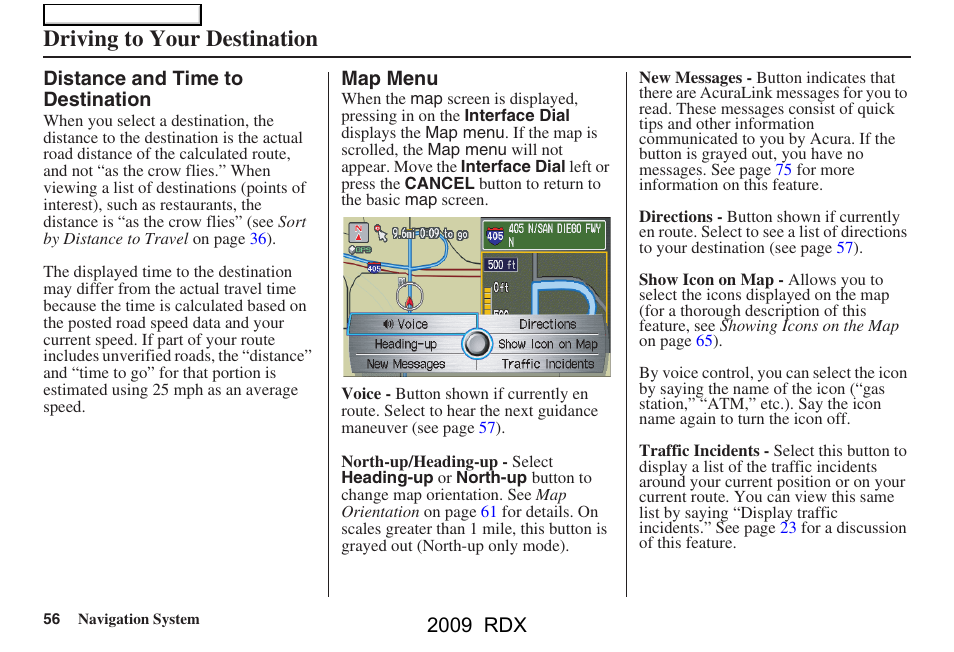 Driving to your destination, 2009 rdx | Acura 2009 RDX Navigation User Manual | Page 56 / 163