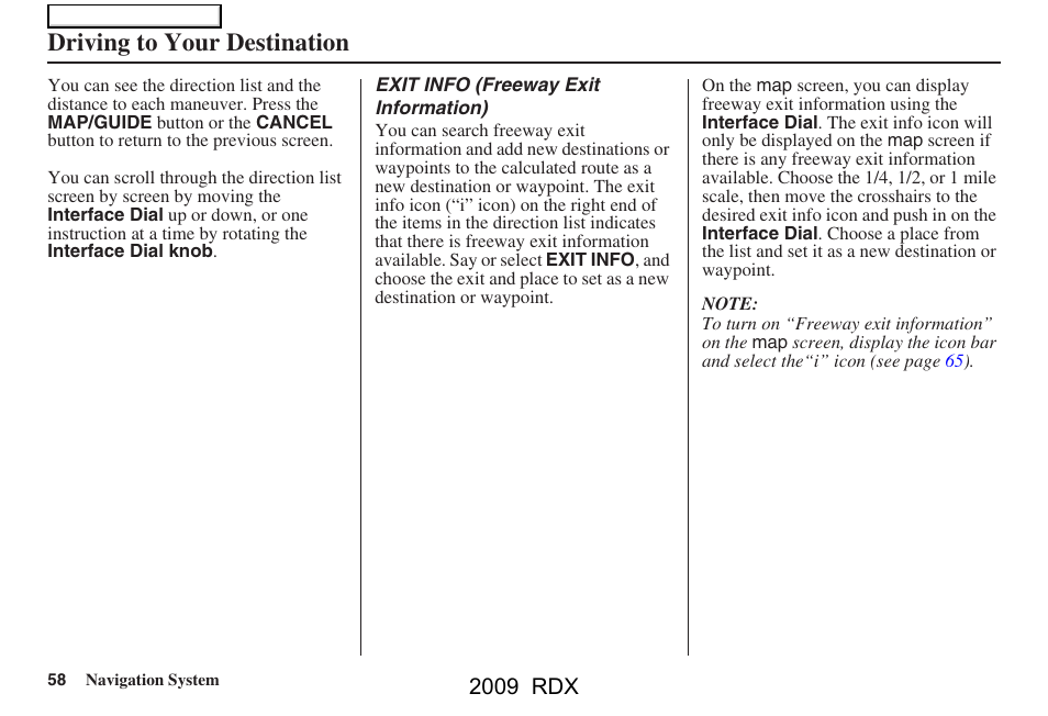 Driving to your destination, 2009 rdx | Acura 2009 RDX Navigation User Manual | Page 58 / 163