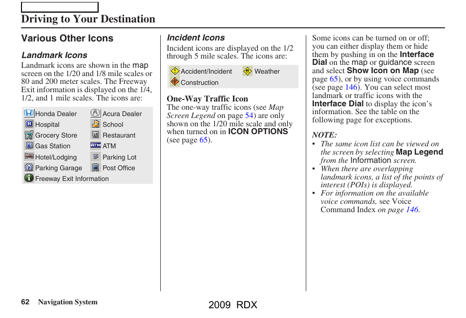 Driving to your destination, 2009 rdx, Various other icons | Acura 2009 RDX Navigation User Manual | Page 62 / 163