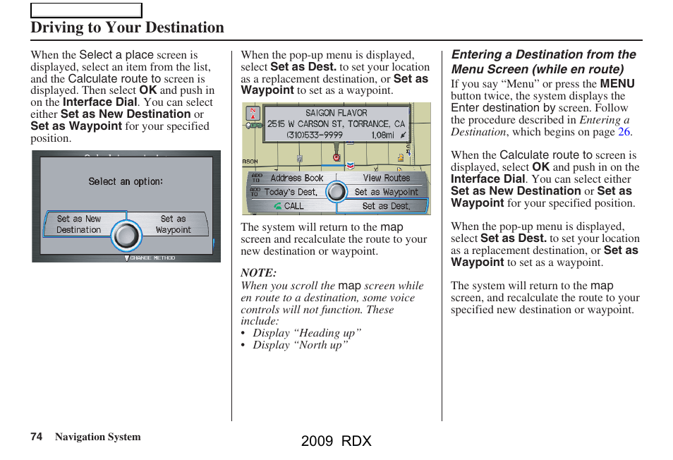 Driving to your destination, 2009 rdx | Acura 2009 RDX Navigation User Manual | Page 74 / 163