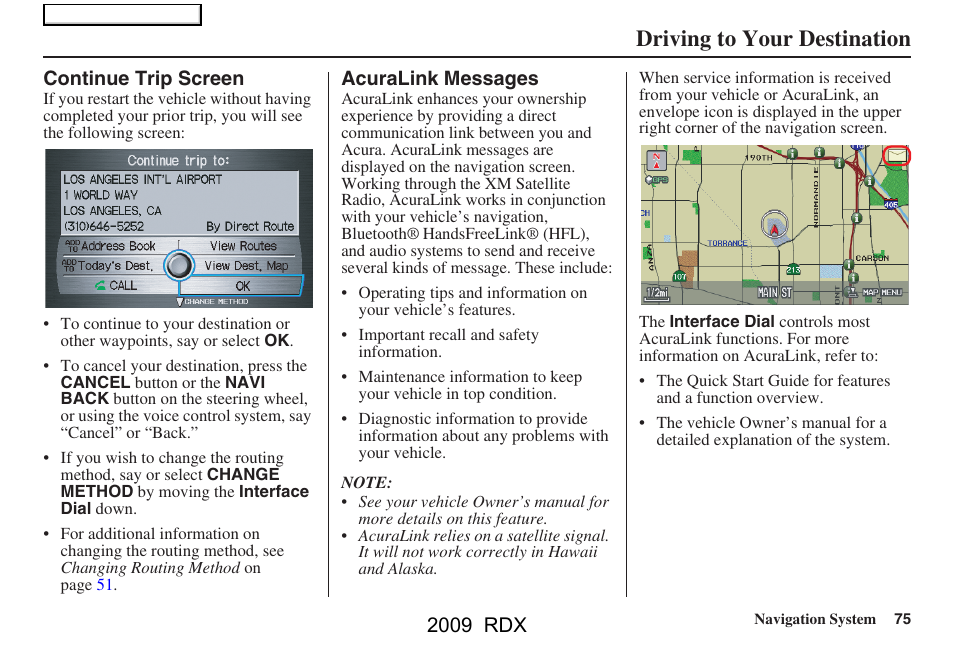 Driving to your destination, 2009 rdx | Acura 2009 RDX Navigation User Manual | Page 75 / 163