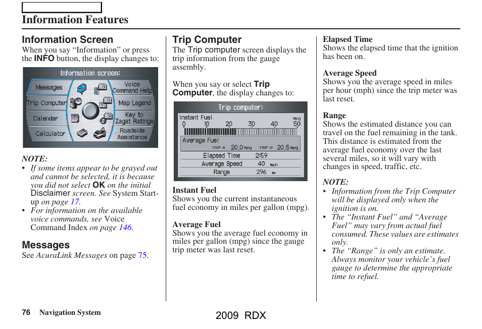 Information features, 2009 rdx | Acura 2009 RDX Navigation User Manual | Page 76 / 163