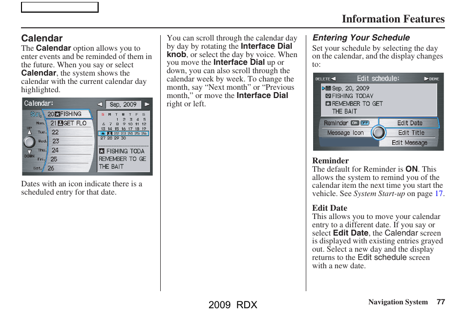 Information features | Acura 2009 RDX Navigation User Manual | Page 77 / 163