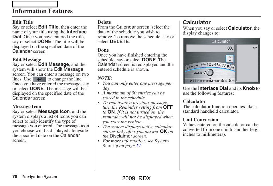 Information features, 2009 rdx | Acura 2009 RDX Navigation User Manual | Page 78 / 163