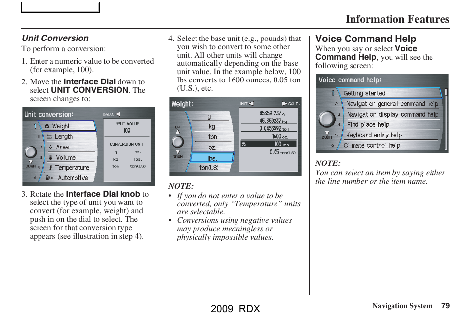 Information features, 2009 rdx | Acura 2009 RDX Navigation User Manual | Page 79 / 163