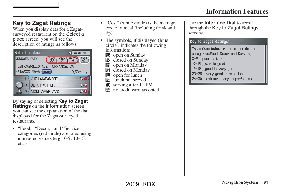 Information features, 2009 rdx | Acura 2009 RDX Navigation User Manual | Page 81 / 163