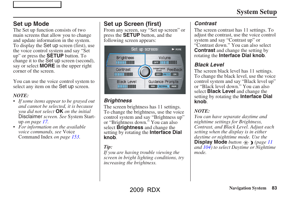 System setup, 2009 rdx | Acura 2009 RDX Navigation User Manual | Page 83 / 163