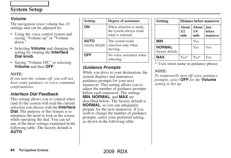 System setup, 2009 rdx | Acura 2009 RDX Navigation User Manual | Page 84 / 163