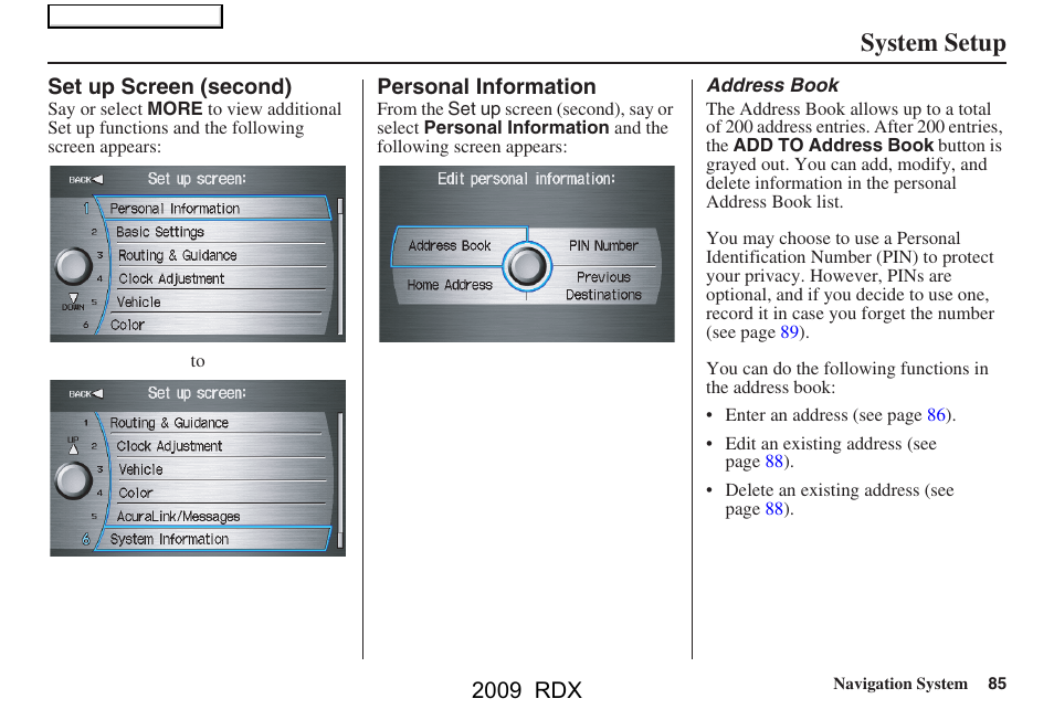 System setup, 2009 rdx | Acura 2009 RDX Navigation User Manual | Page 85 / 163