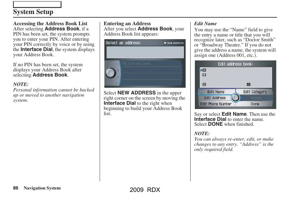 System setup, 2009 rdx | Acura 2009 RDX Navigation User Manual | Page 86 / 163