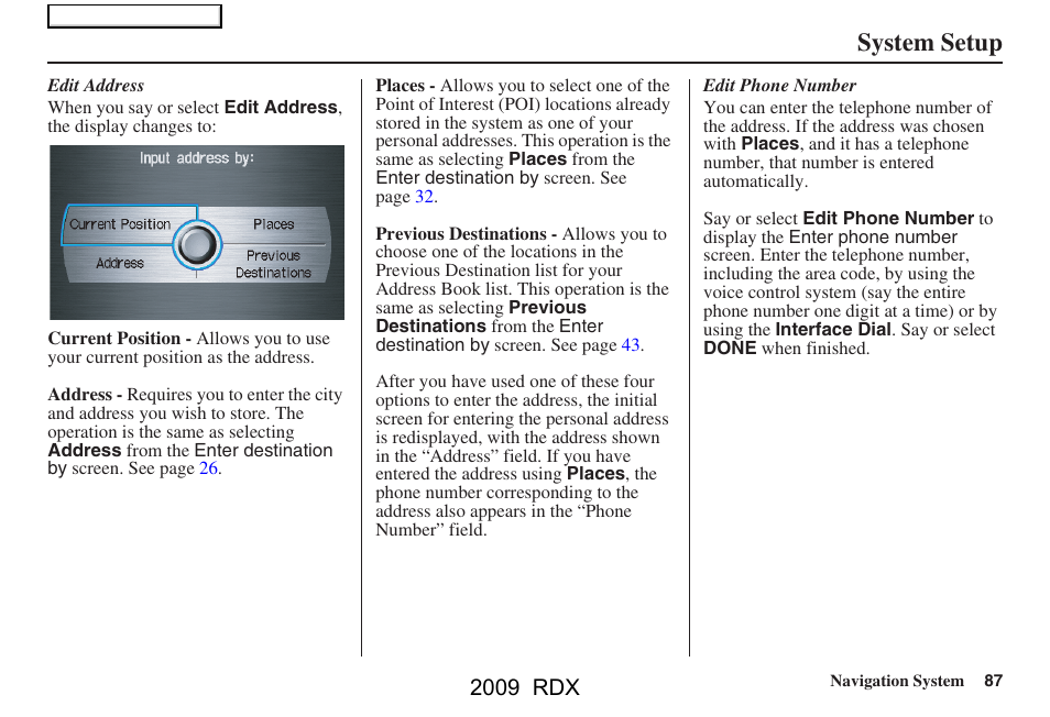 System setup, 2009 rdx | Acura 2009 RDX Navigation User Manual | Page 87 / 163