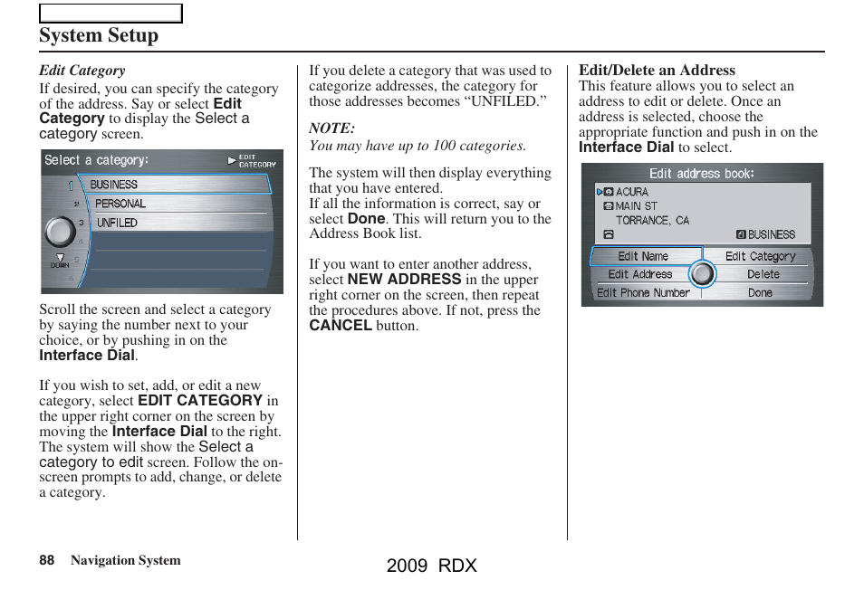 System setup, 2009 rdx | Acura 2009 RDX Navigation User Manual | Page 88 / 163