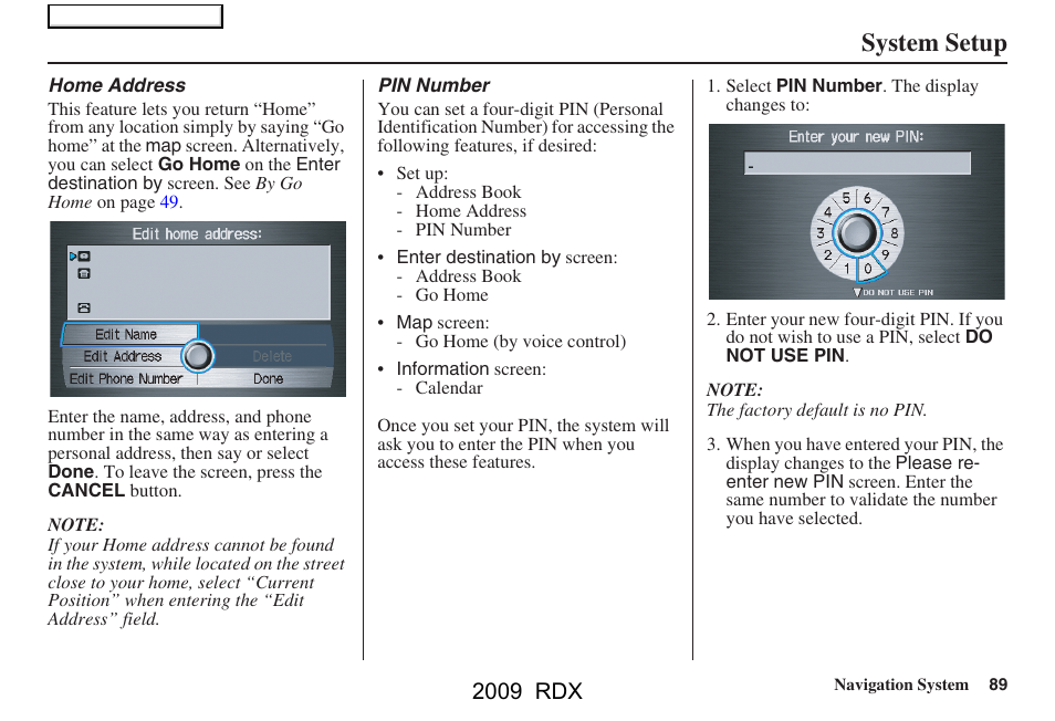 System setup, 2009 rdx | Acura 2009 RDX Navigation User Manual | Page 89 / 163