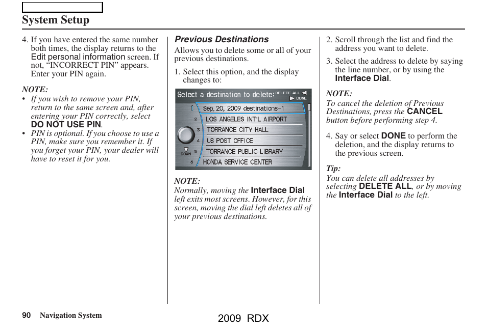 System setup, 2009 rdx | Acura 2009 RDX Navigation User Manual | Page 90 / 163