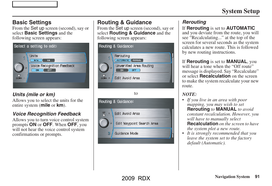 System setup | Acura 2009 RDX Navigation User Manual | Page 91 / 163