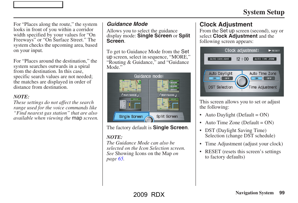 System setup, 2009 rdx | Acura 2009 RDX Navigation User Manual | Page 99 / 163