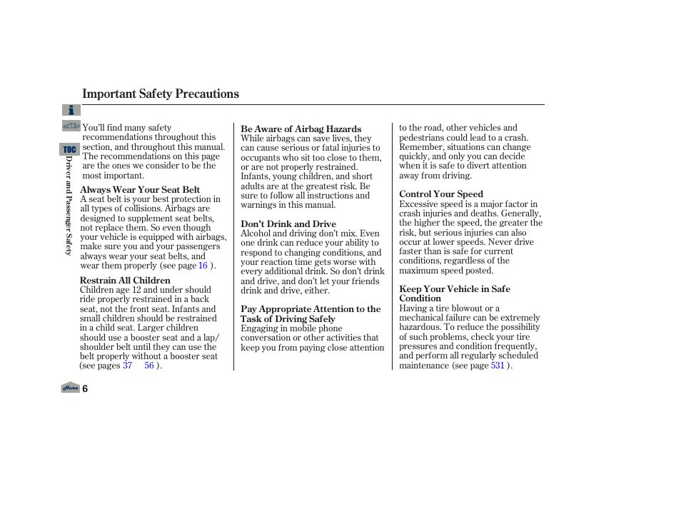 Important safety precautions | Acura 2013 TL User Manual | Page 10 / 650