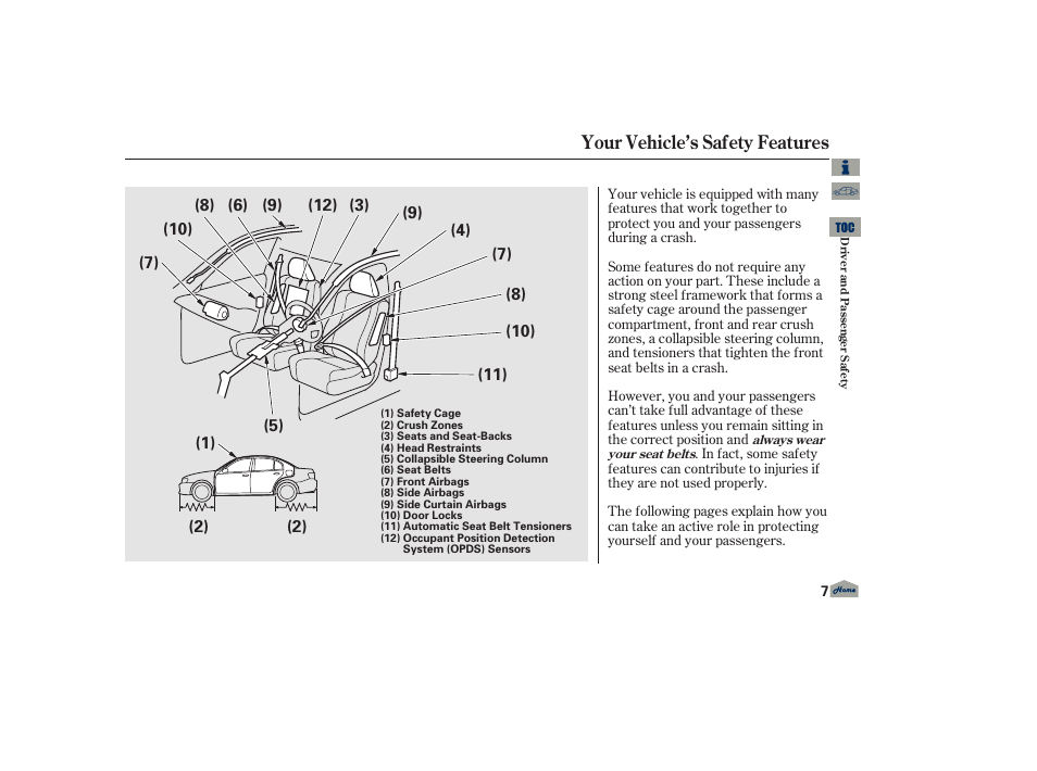 Your vehicle’s safety features | Acura 2013 TL User Manual | Page 11 / 650