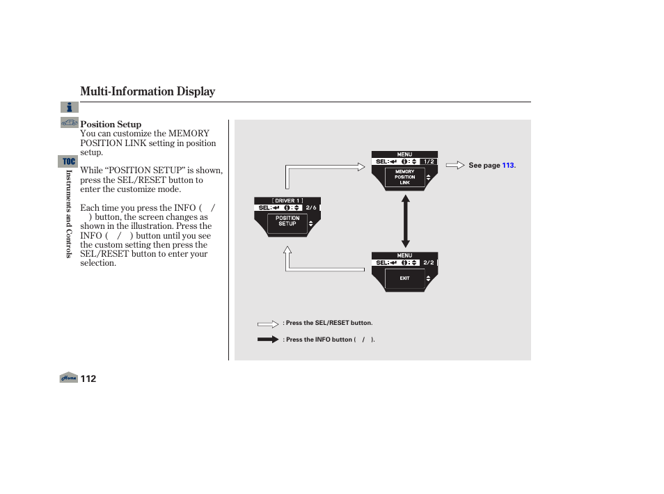 P.112, Multi-information display | Acura 2013 TL User Manual | Page 116 / 650