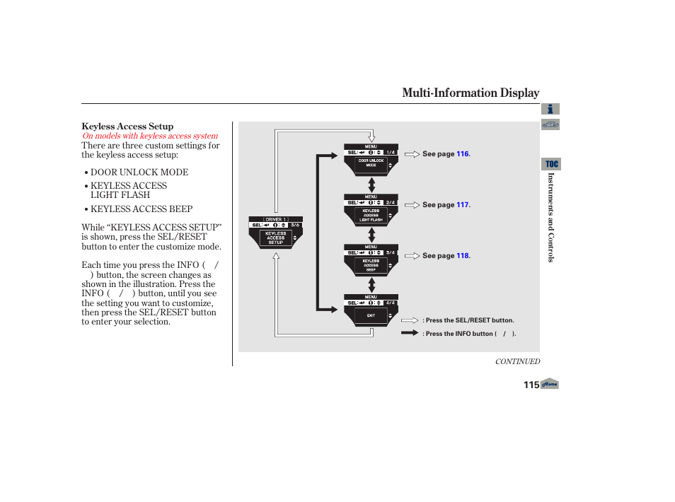 P.115, Multi-information display | Acura 2013 TL User Manual | Page 119 / 650