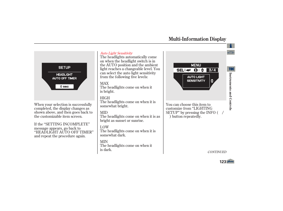 Multi-information display | Acura 2013 TL User Manual | Page 127 / 650