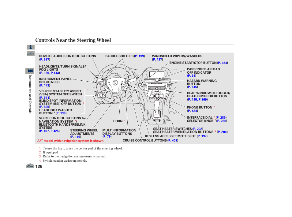 Controls near the steering wheel, 2013 tl | Acura 2013 TL User Manual | Page 140 / 650