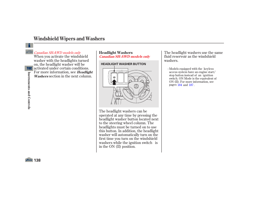 P. 138, Windshield wipers and washers | Acura 2013 TL User Manual | Page 142 / 650