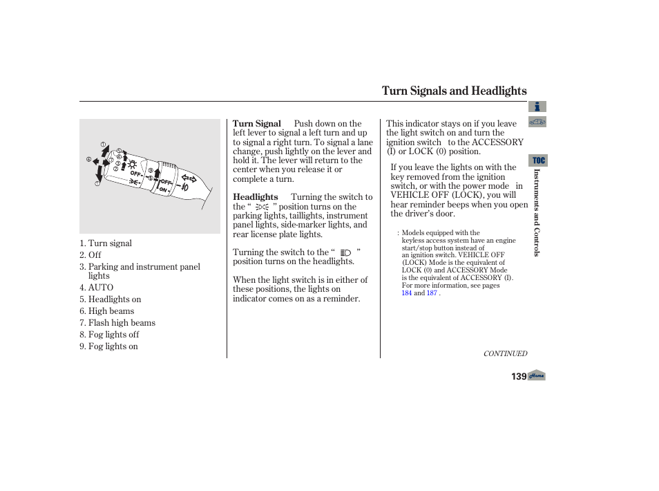 Turn signals and headlights | Acura 2013 TL User Manual | Page 143 / 650