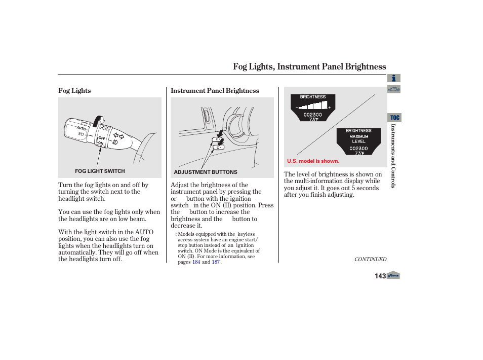 Fog lights, P. 143, P.143 | Fog lights, instrument panel brightness | Acura 2013 TL User Manual | Page 147 / 650