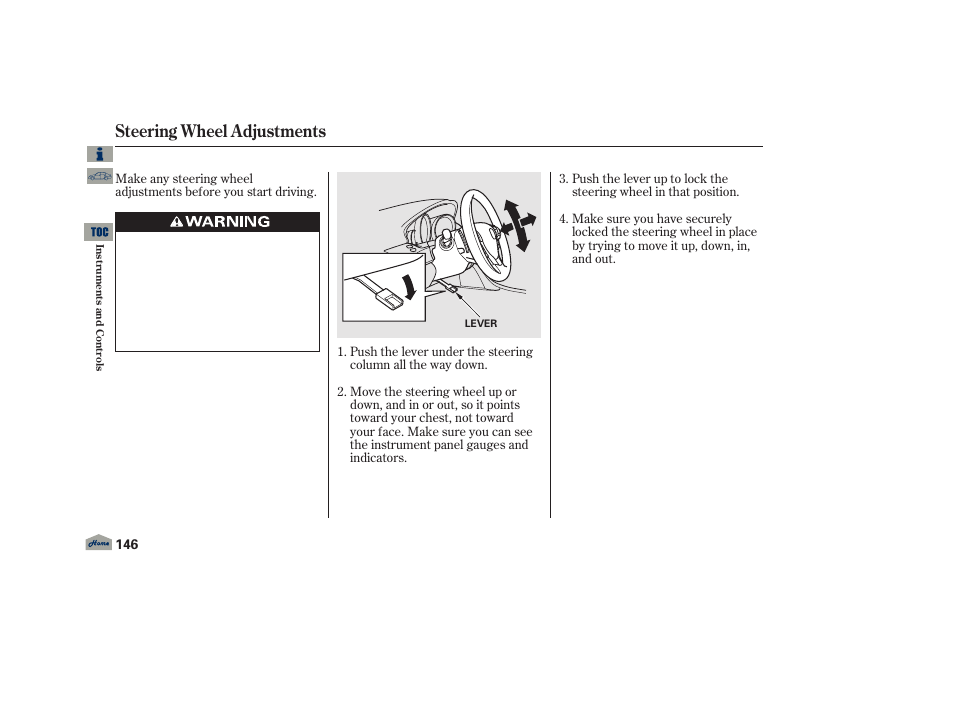 Steering wheel adjustments, P. 146 | Acura 2013 TL User Manual | Page 150 / 650