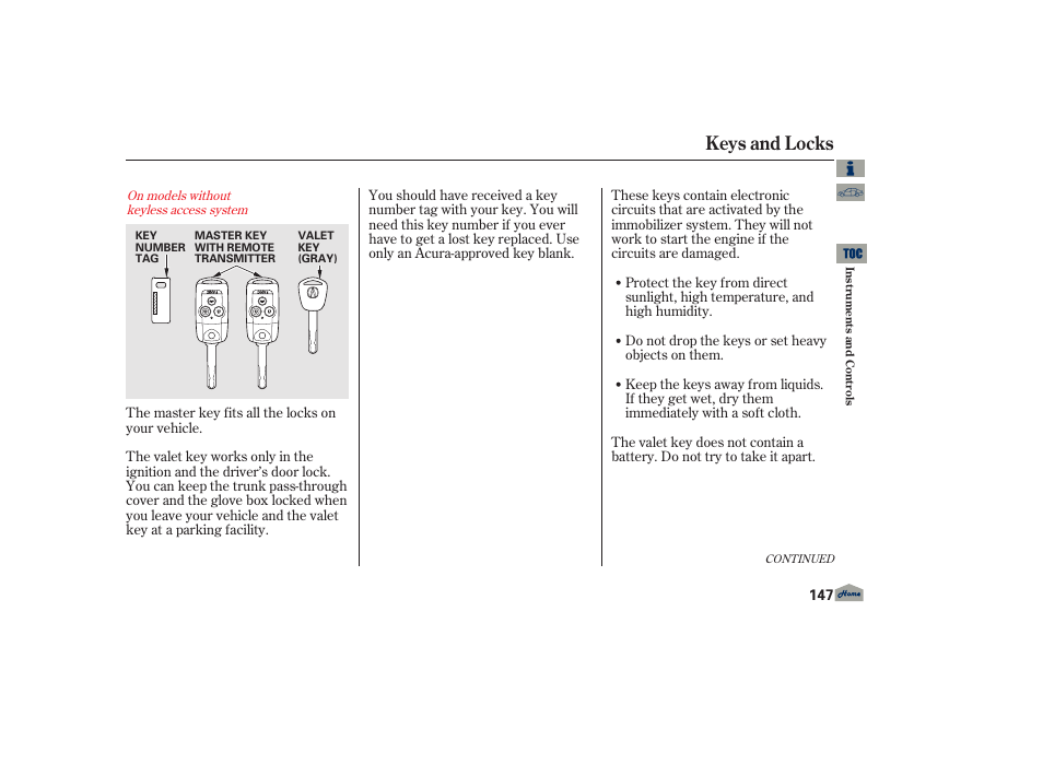 Keys and locks | Acura 2013 TL User Manual | Page 151 / 650