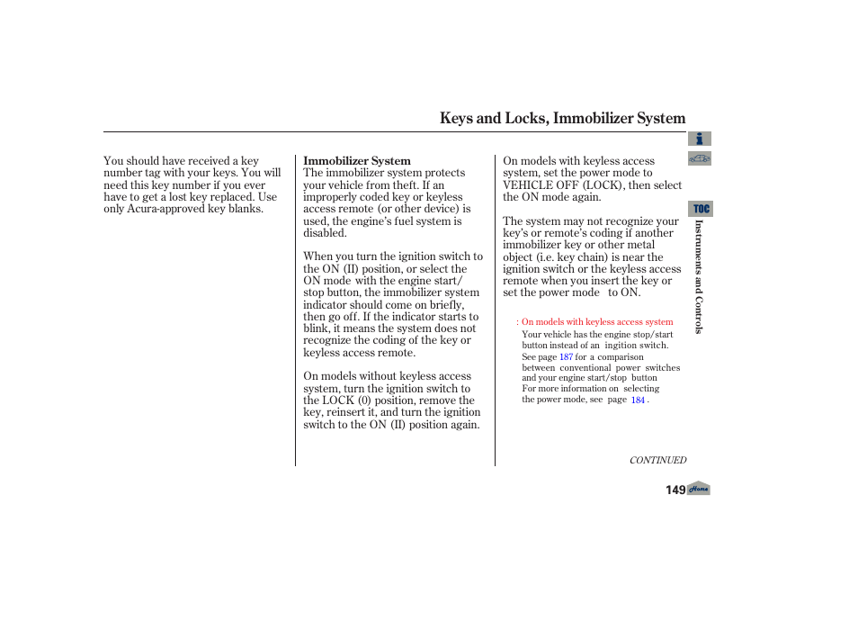 Immobilizer system, Keys and locks, immobilizer system | Acura 2013 TL User Manual | Page 153 / 650