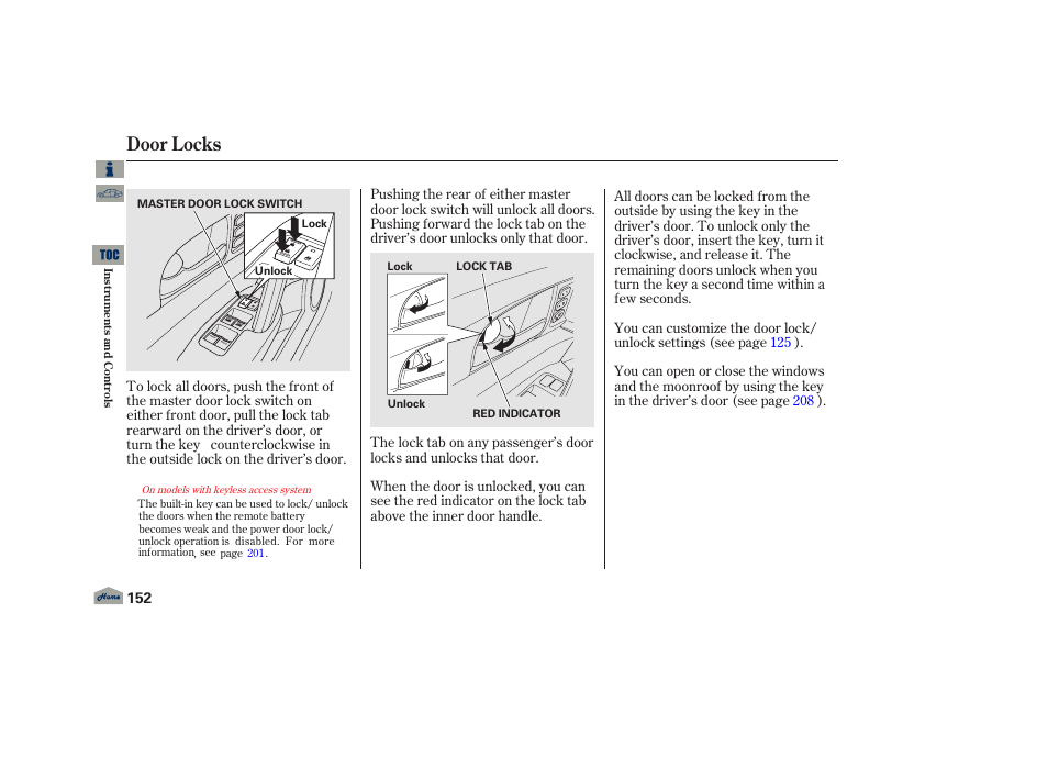 Door locks | Acura 2013 TL User Manual | Page 156 / 650