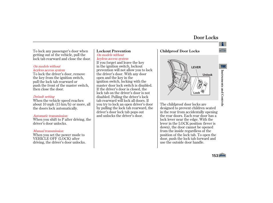 Door locks | Acura 2013 TL User Manual | Page 157 / 650
