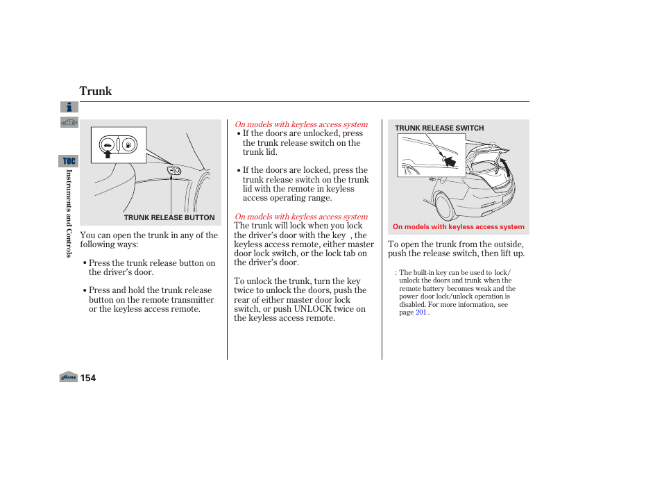 Trunk, P. 154 | Acura 2013 TL User Manual | Page 158 / 650
