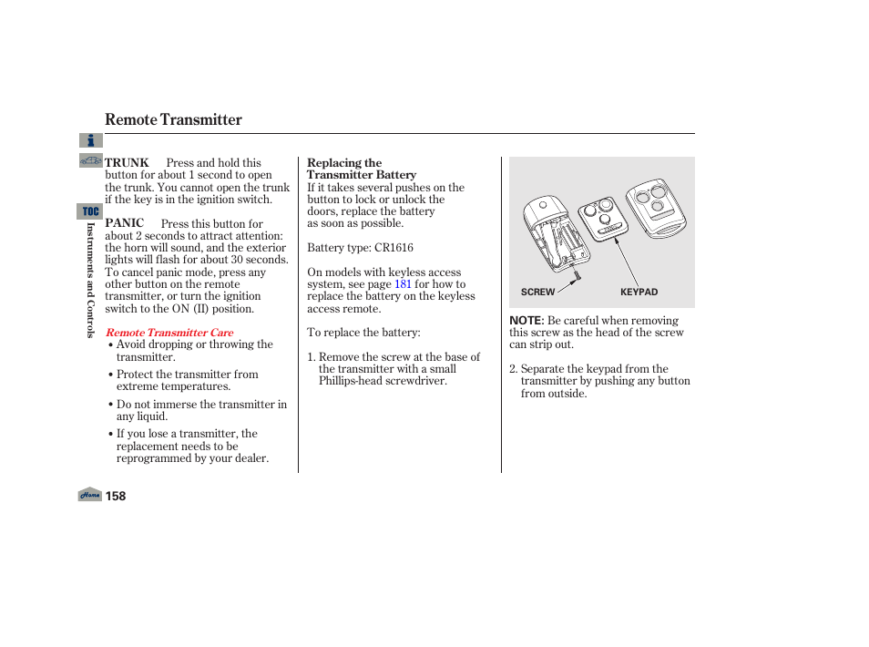 Remote transmitter | Acura 2013 TL User Manual | Page 162 / 650