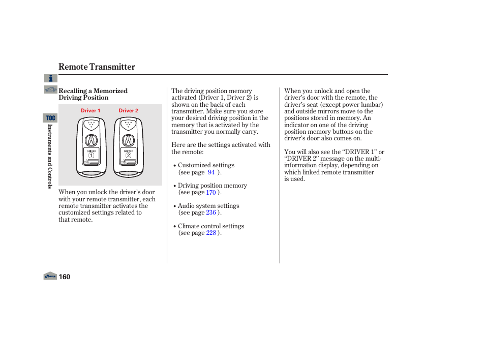 Remote transmitter | Acura 2013 TL User Manual | Page 164 / 650