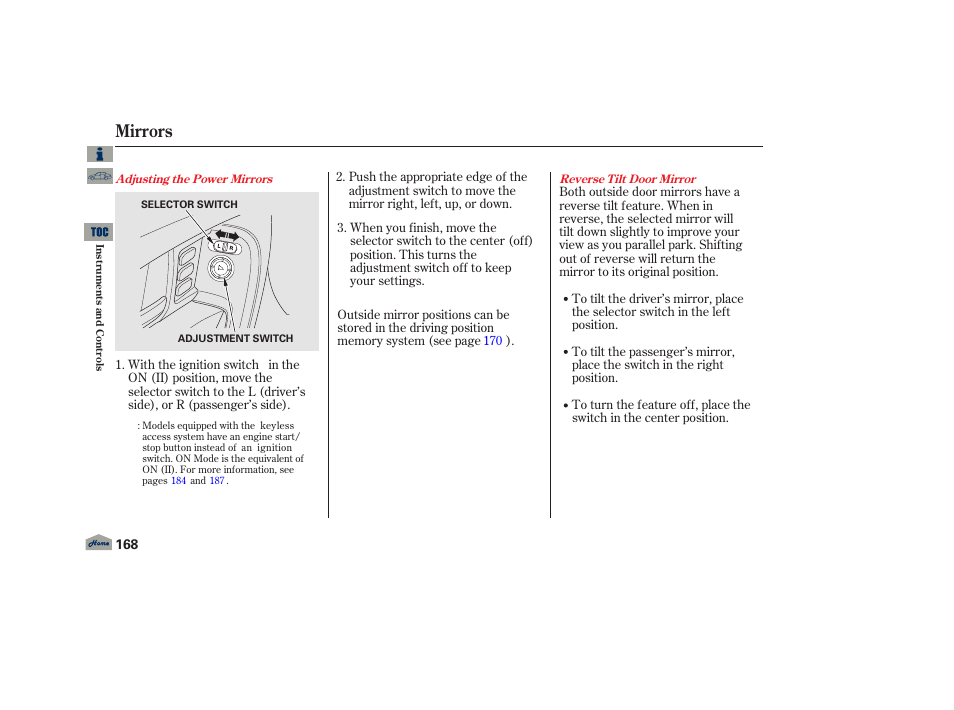 P. 168, Mirrors | Acura 2013 TL User Manual | Page 172 / 650