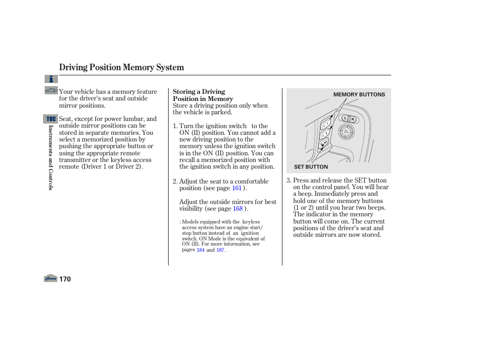 Driving position memory system, P. 170 | Acura 2013 TL User Manual | Page 174 / 650