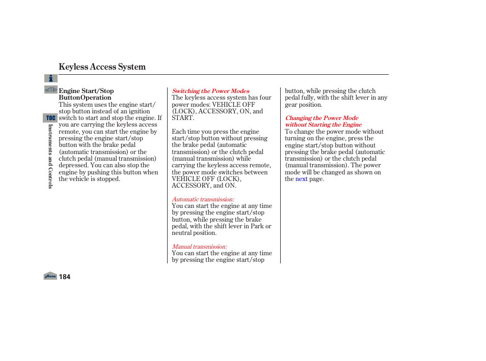 P. 184, Keyless access system | Acura 2013 TL User Manual | Page 188 / 650