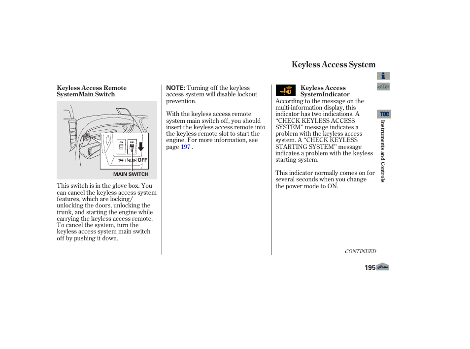 Keyless access system | Acura 2013 TL User Manual | Page 199 / 650