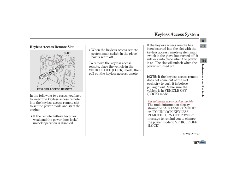 P. 197, Keyless access system | Acura 2013 TL User Manual | Page 201 / 650