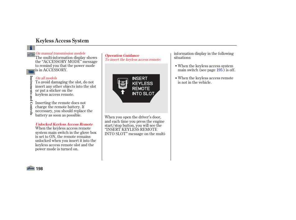Keyless access system | Acura 2013 TL User Manual | Page 202 / 650