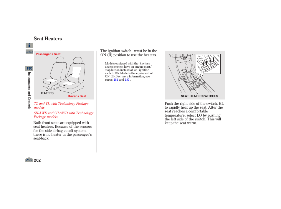 Seat heaters, P. 202 | Acura 2013 TL User Manual | Page 206 / 650